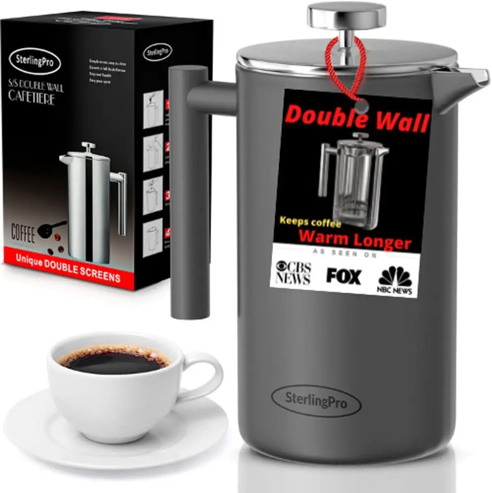 

French Press Coffee Maker - Double Walled Large Coffee Press With 2 Filters - Granule-Free Coffee, Stylish Rust-Free Kitchen Acc