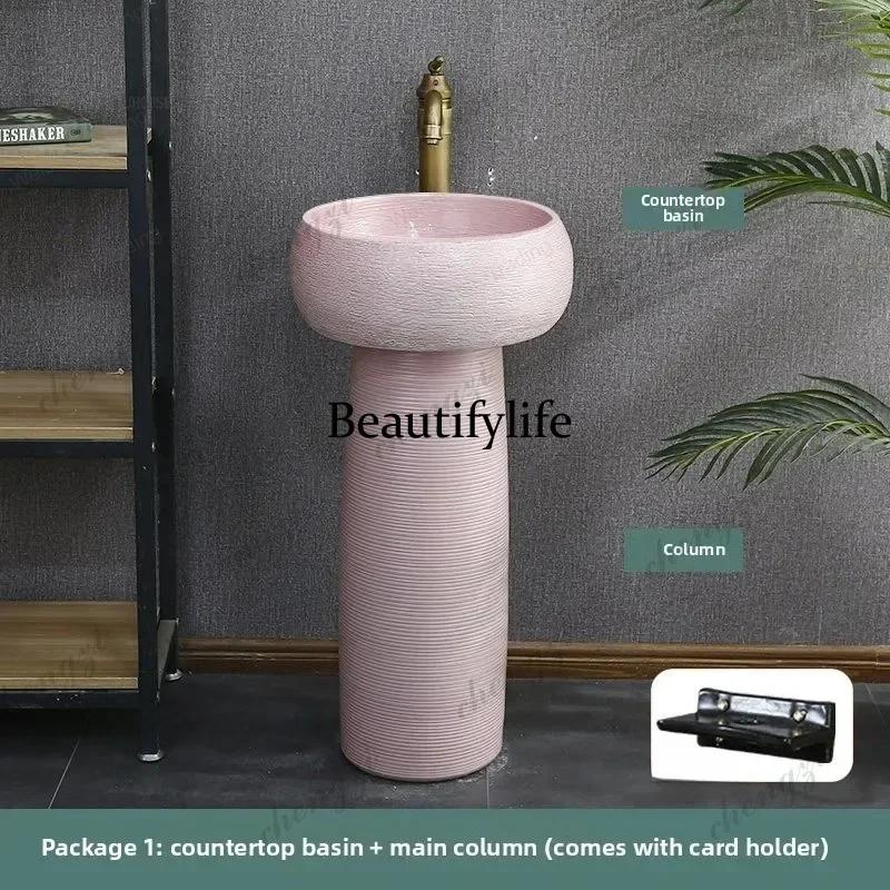 TTT  Pink Nordic Pedestal Bathroom Sink Set Floor-Standing Basin Modern Design Elegant Style Home Furniture with Faucet Included