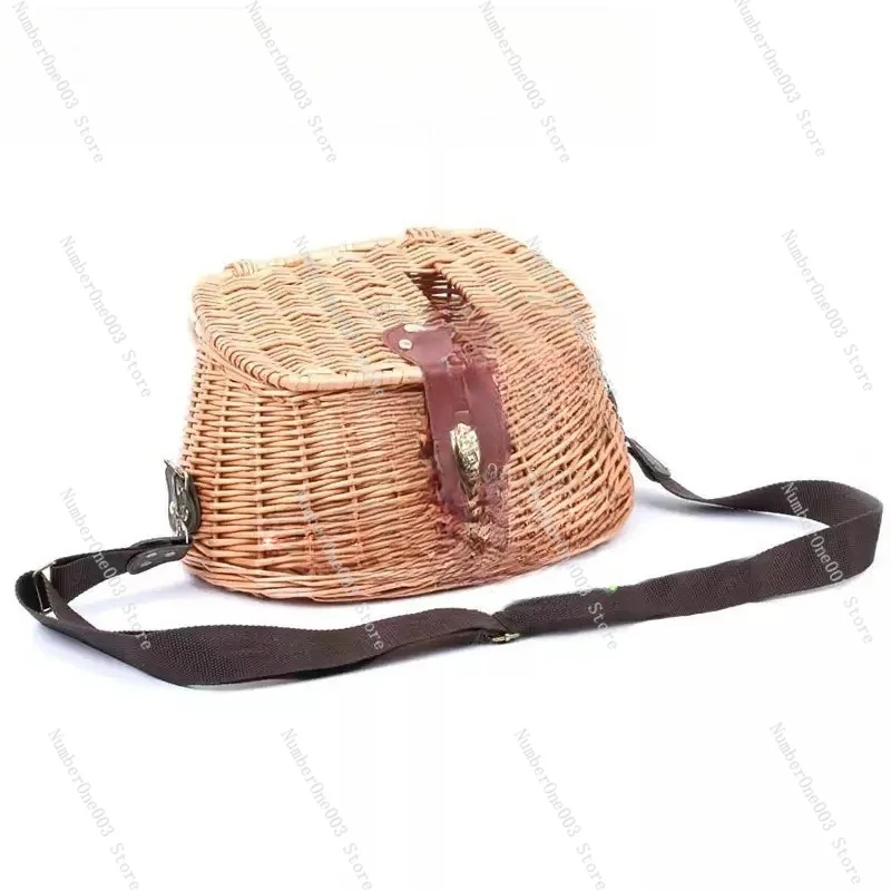 Hand-Woven Vine Fish Basket & Wooden Lidded Fishing Bucket - Traditional Fish Guarding Cage For Angling