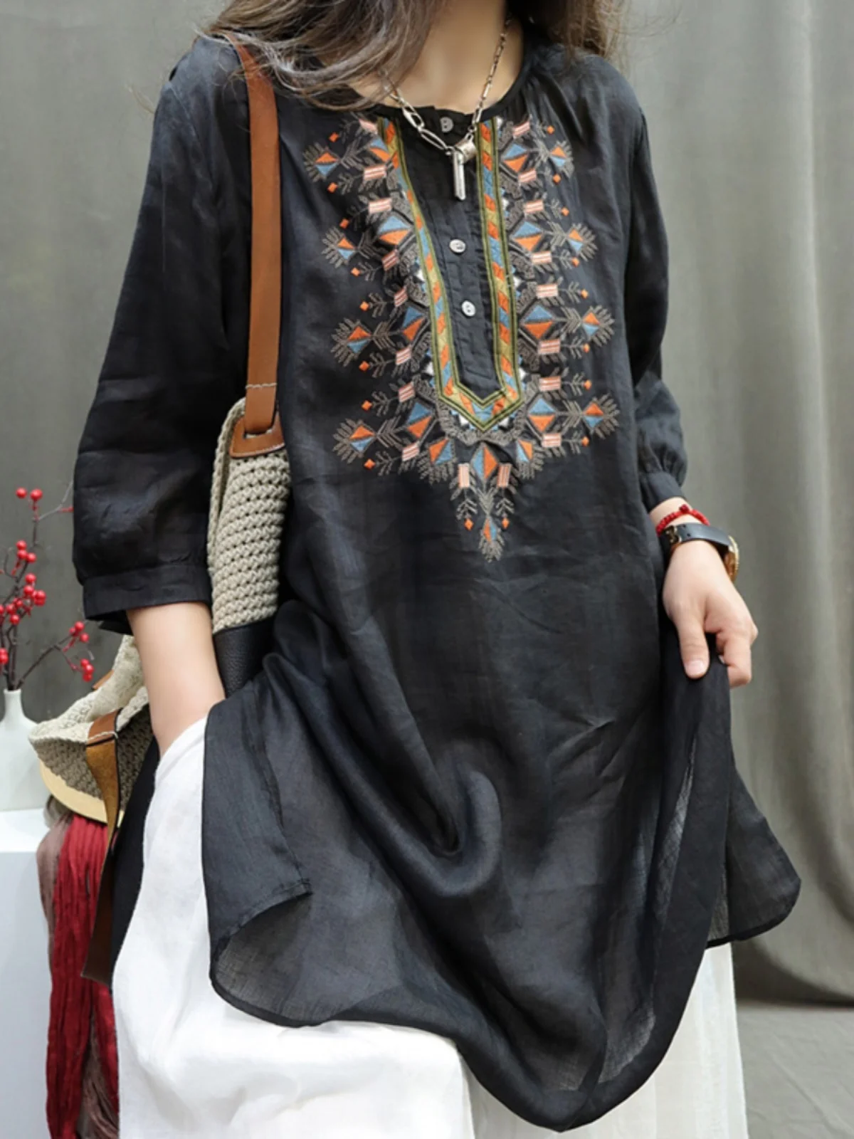 Retro artesanal bordado linho casual artístico solto ajuste irt dr comprimento médio verão nova chegada blusa faion feminina