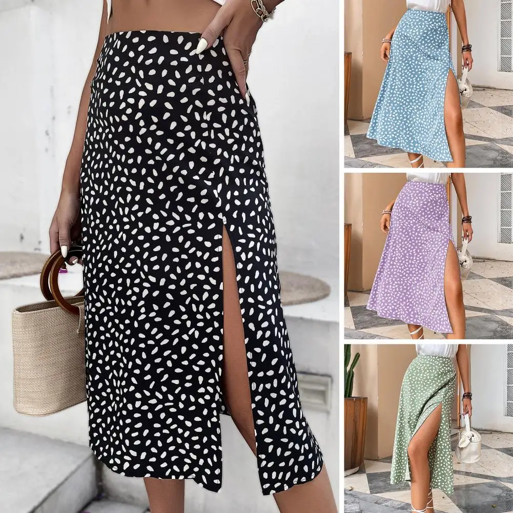 

Mid-rise Midi Skirt Chic Dot Print Midi Dresses Flattering A-line Silhouette Side Split Hem Wrapped Skirt for Stylish Summer