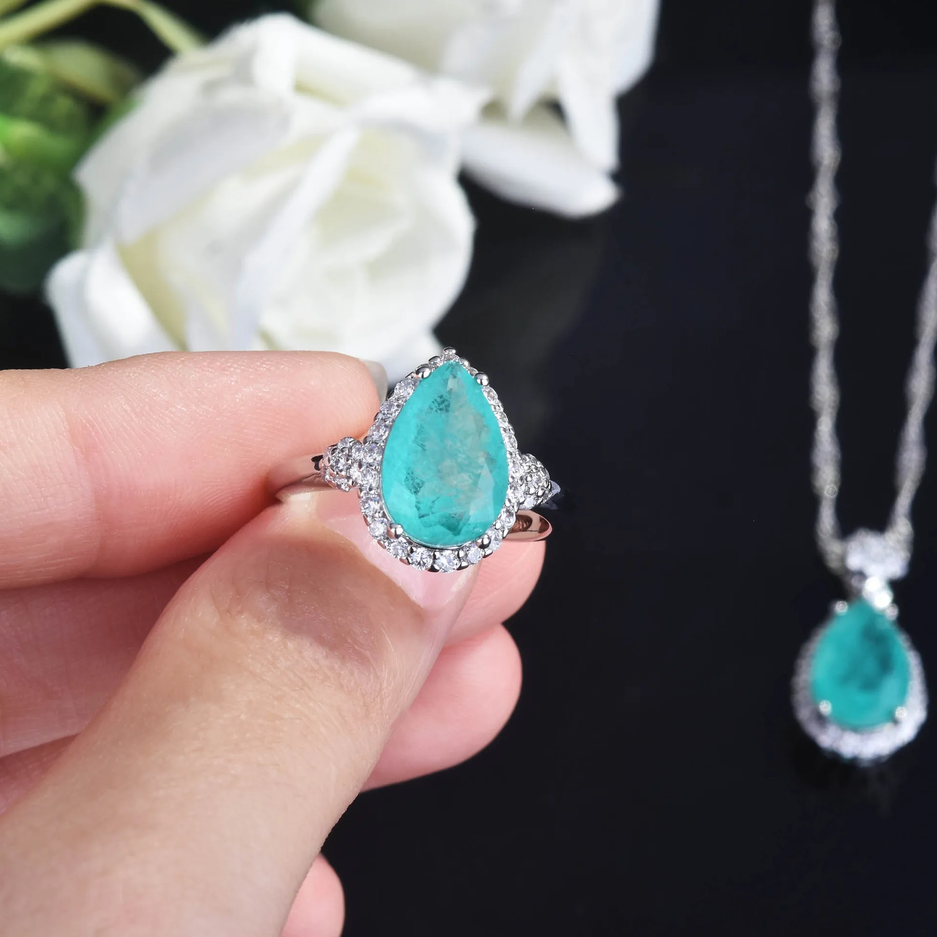 S925 Sterling Silver Real Natural Paraiba Jewelry Set Drop Ring Pendant Necklace And Earrings Elegant Fine Jewelry For Women view 4