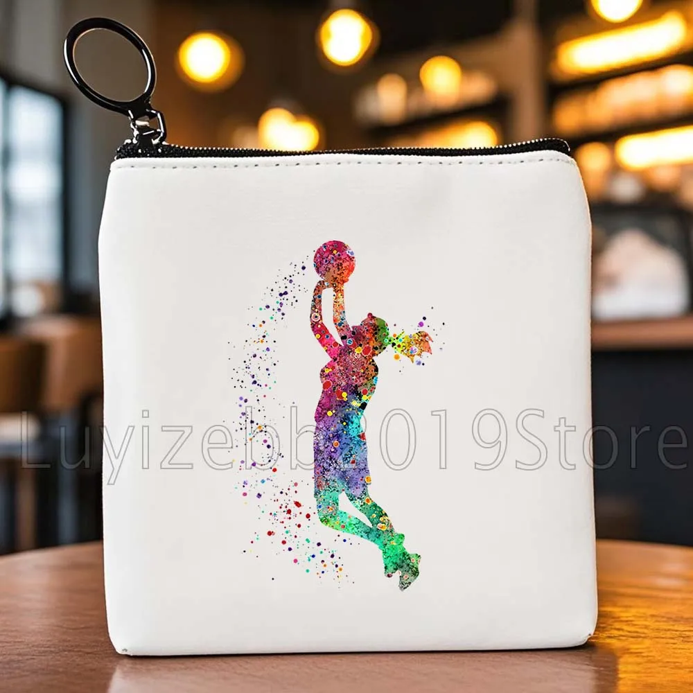 Basketbalbal Aquarel Sportgeschenken Canvas Portemonnee Kleine vierkante tas Sleutel Reisopslag Kaarttassen Portemonneezakje Draagbaar