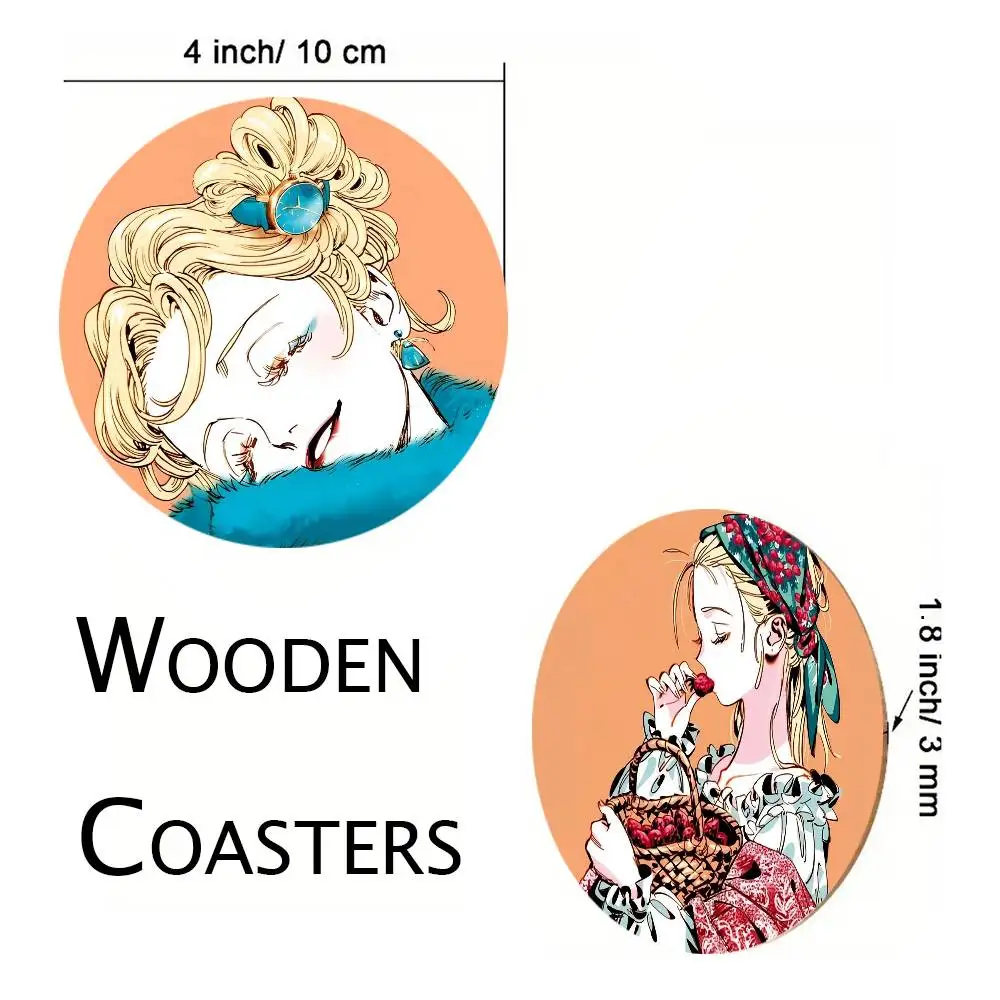 V-Veil Emma Anime Vintage Coasters Round Wooden For Cute Design Suitable For Drinks Tea Coffee Home Gift Choice Holidays