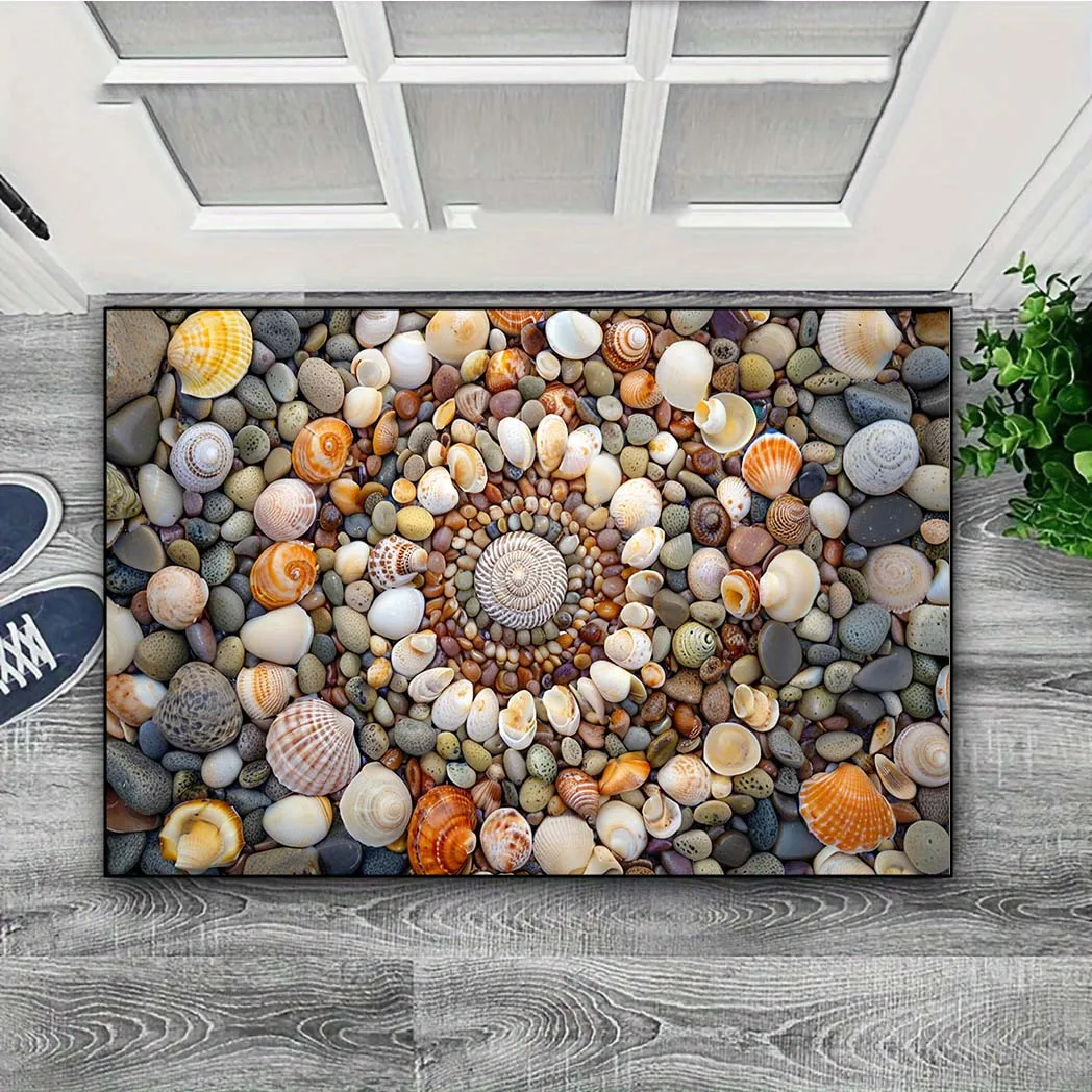 Coastal Shell Entrance Doormat  Natural Pebble and Seashell Scenery Graphic Rug Beach Ocean Style Decor Mat for Front Household