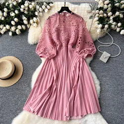 Crochet Lace Hollow Out Embroidery Patchwork Pleated Dress Women's O-Neck Lantern Sleeve Slim High Waist Holiday Party Clothes