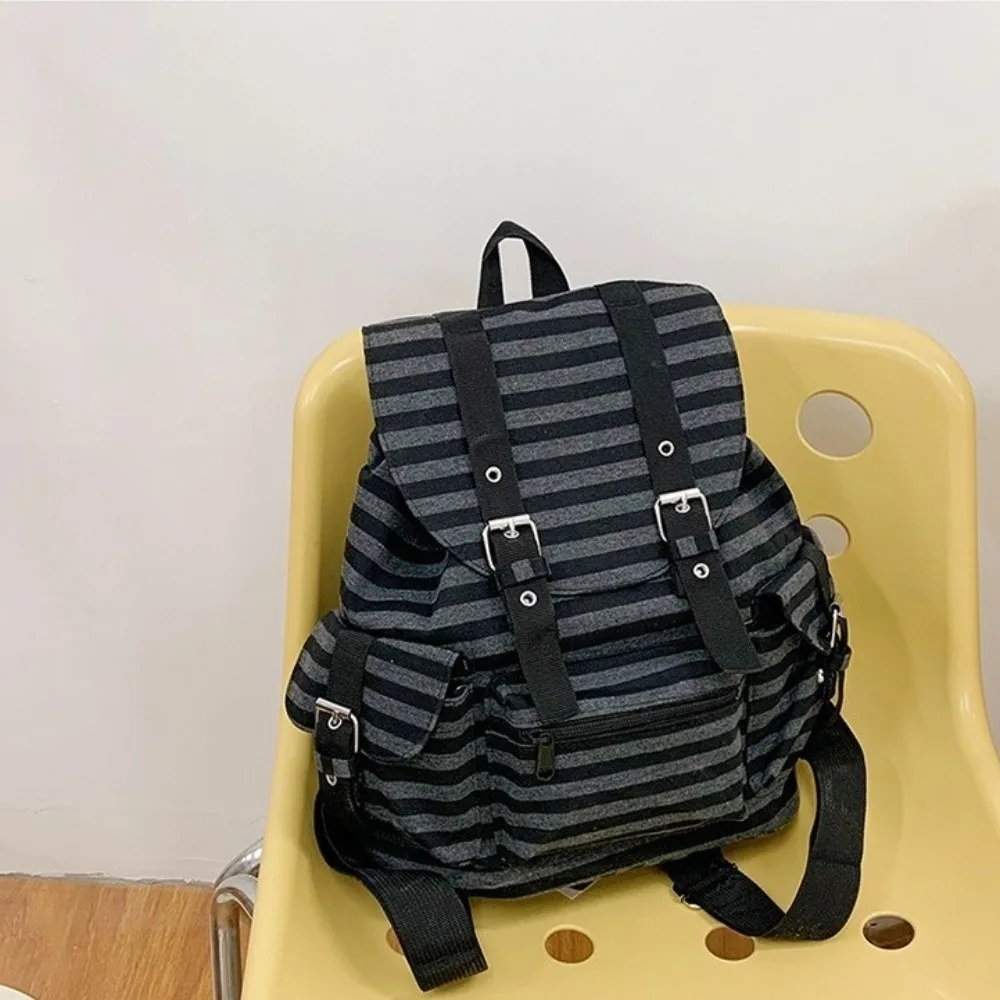 Casual Large Capacity Striped Backpack Y2K Korean Style Students Schoolbag Multi-pocket Nylon Hiking Camping Bag College