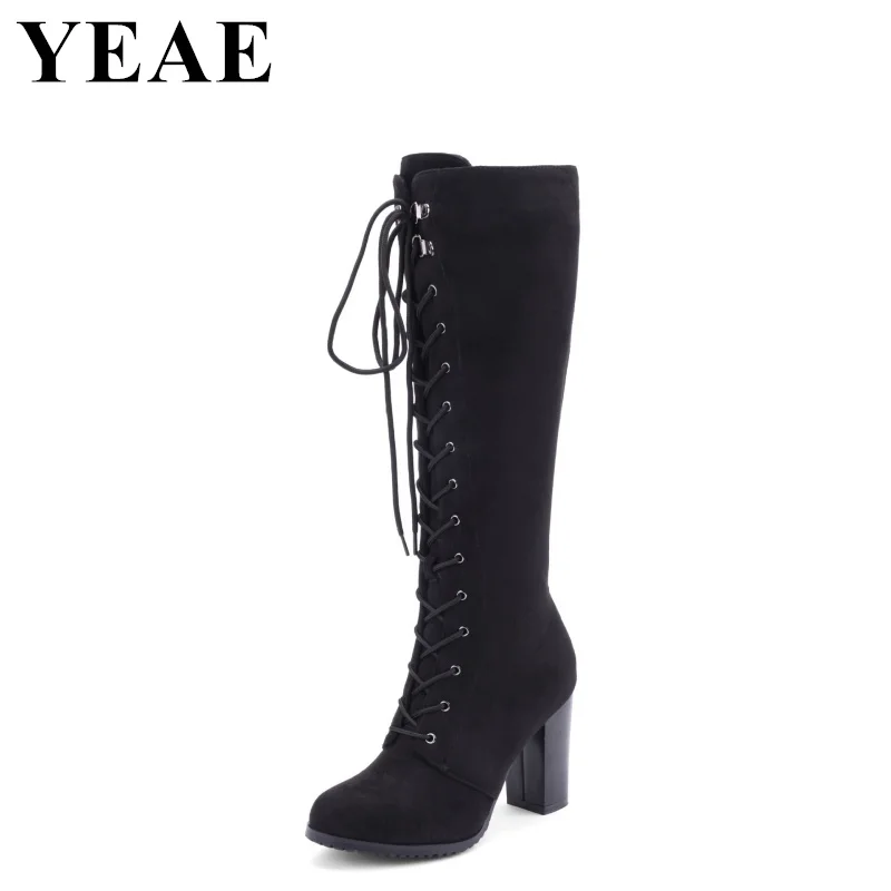 Winter Autumn Lace Up Knee High Boots Women Round Toe Chunky Knight Boots Ladies Cross-tied High Heels Motorcycle Boots 2024