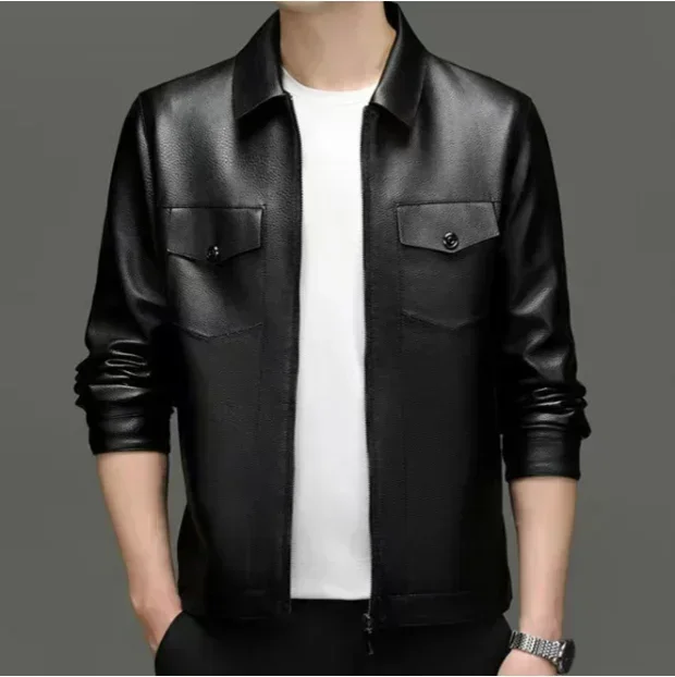 

2024 Autumn men's leather jacket lapel thin environmental protection tasteless PU jacket business casual fashion leather jacket