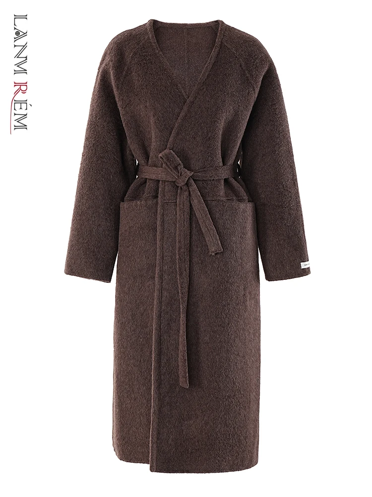 

LANMREM Brown Wool Coats For Women V Neck Long Sleeves Belt Overcoat With Pockets Female Fashion Clothing Autumn Winter CPG1810