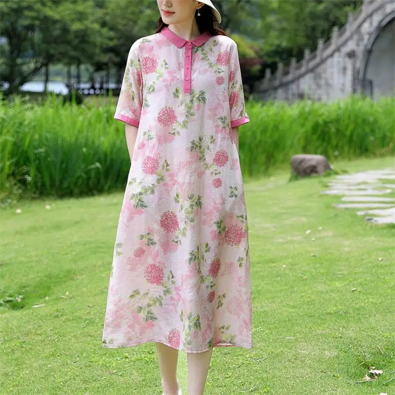 New Arrival 2024 Summer Arts Style Women Peter Pan Collar Short Sleeve Long Dress Flower Print Vintage Cotton Linen Dresses