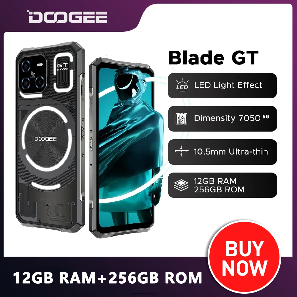 DOOGEE Blade GT Rugged Phone 10.5mm Uitra-thin 6.72'' FHD 120Hz LED Light Effect 12GBRAM 256GB ROM 5500mAh Battery Android 14