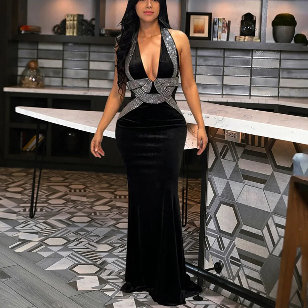 

Sexy Dresses for Woman Halter Backless Diamond Slim Floor Length Elegant Ladies Evening Night Party Club Vestidos Mujer Clothes