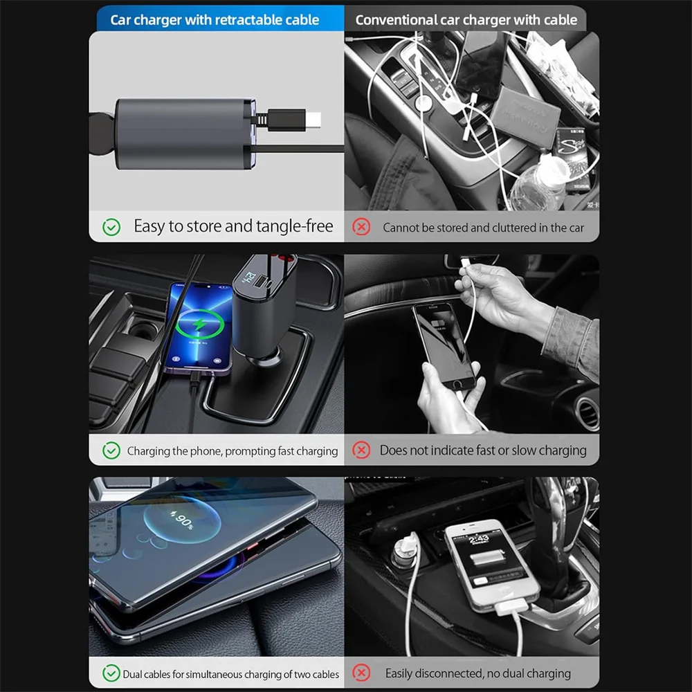 Caricabatteria da auto 4 IN 1 da 100W cavo telescopico USB Dual Type C a ricarica Super veloce per adattatore accendisigari IPhone Samsung Xiaomi