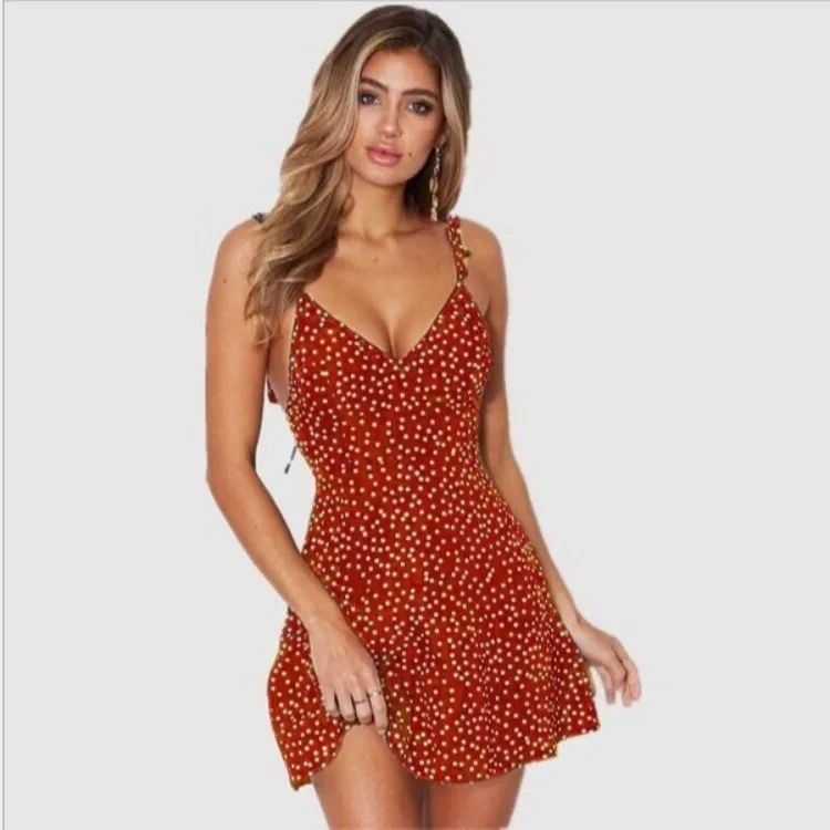 

Summer Spaghetti Strap Polka Dot Mini Dress V Neck Sleeveless a Line Navy Blue Rust Red Casual Summer Dresses