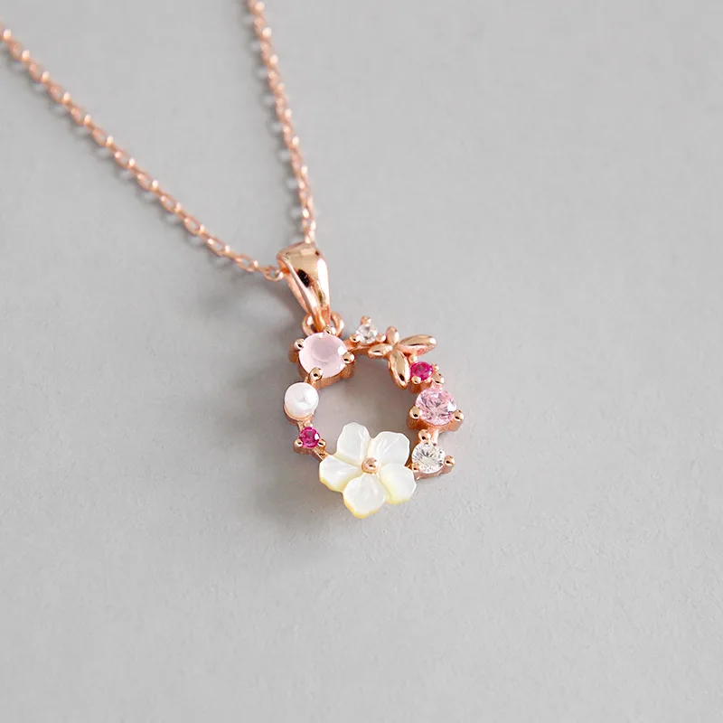 

Hot Sale 925 Sterling Silver Shell Pink Flower Zircon Necklace Hawaiian Style Romantic with Rhodium Plating Gift
