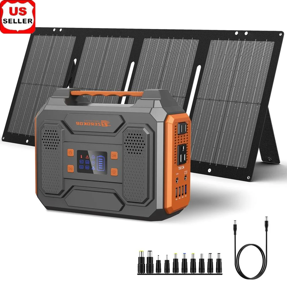 300W Portable Solar Generator Power Station with 60W Solar Panel Lithium Battery Pack SOS Flashlight Camping USB Ports AC Outlet