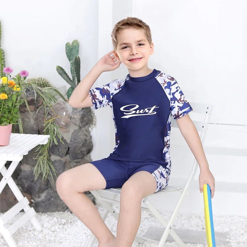 3pcs Boys Teen Casual Letter Graphic Print T-shirt & Swim Trunks & Swimming Cap Swimsuit Bathing Suit Clothes