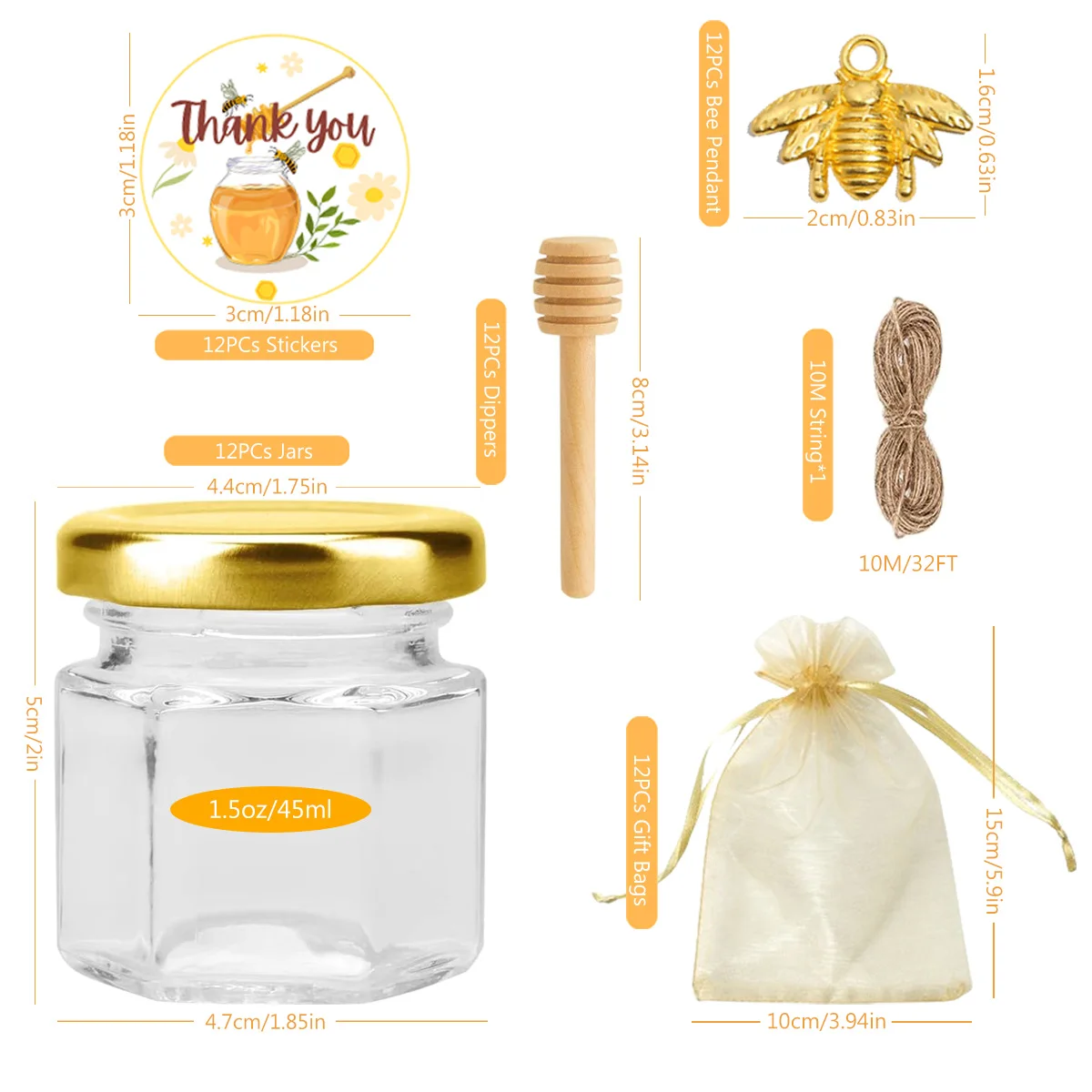 12 Pack 1.5oz/45ml Glass Hexagon Mini Honey Jars with Lids, Extra Wooden Honey Dippers, Bee Charms Pendant, String