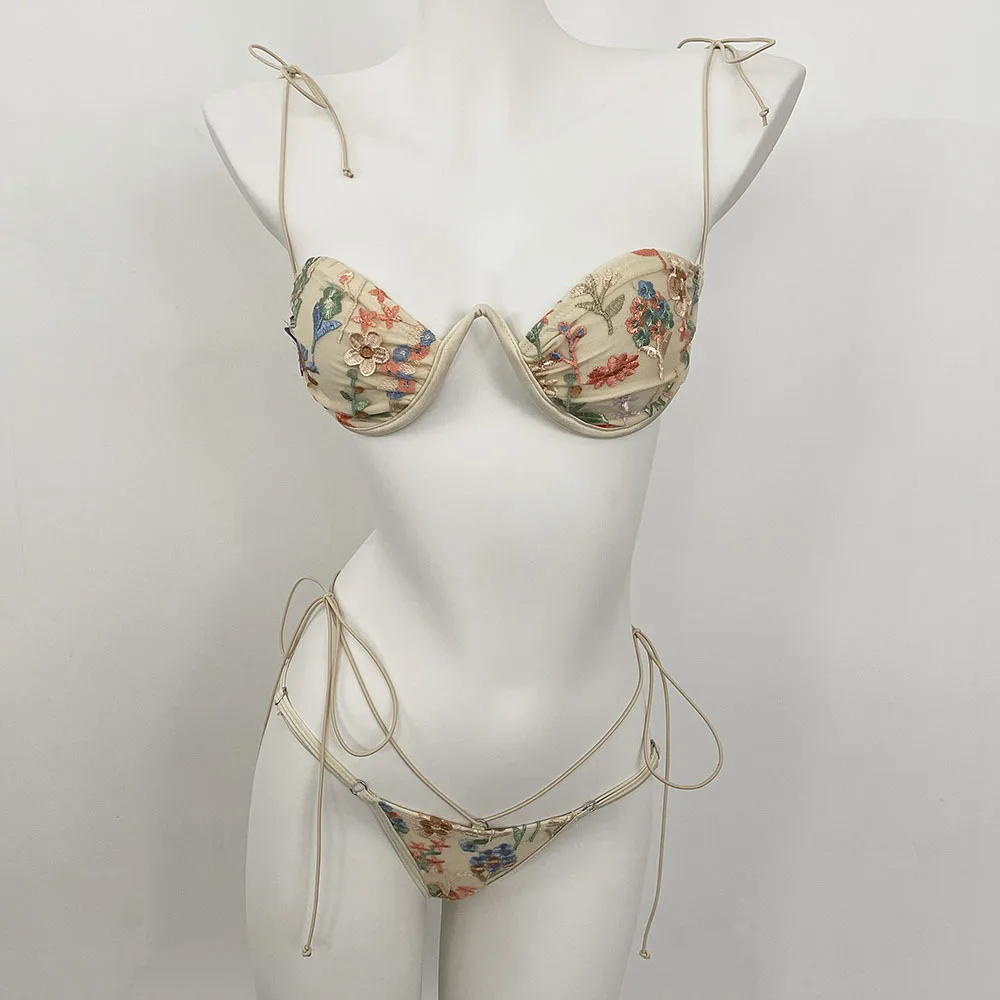 Beige Shiny Flower Embroidery Swimwear Thong Micro Push Up Bikini Set Sexy Swimsuit Women 2025 Bathing Suit String Bikinis Mujer