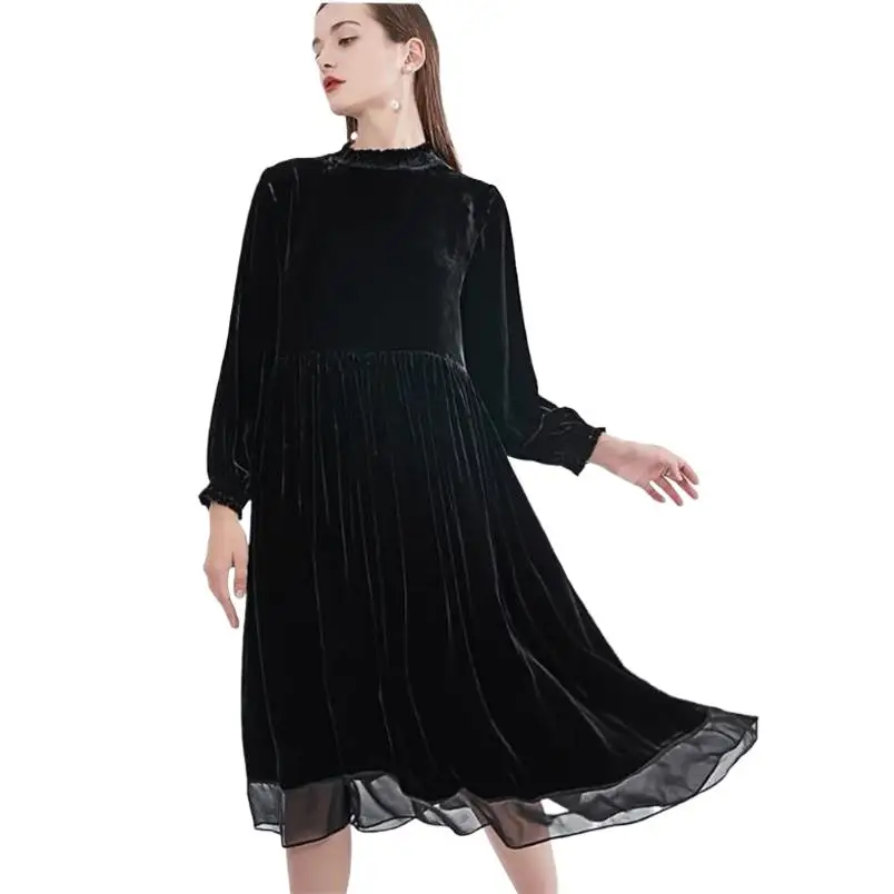 Vintage Women's Casual Long Dress Autumn Winter Full Sleeve Vestidos Female Robe Velvet Chiffon Patchwork Evening Party Dress