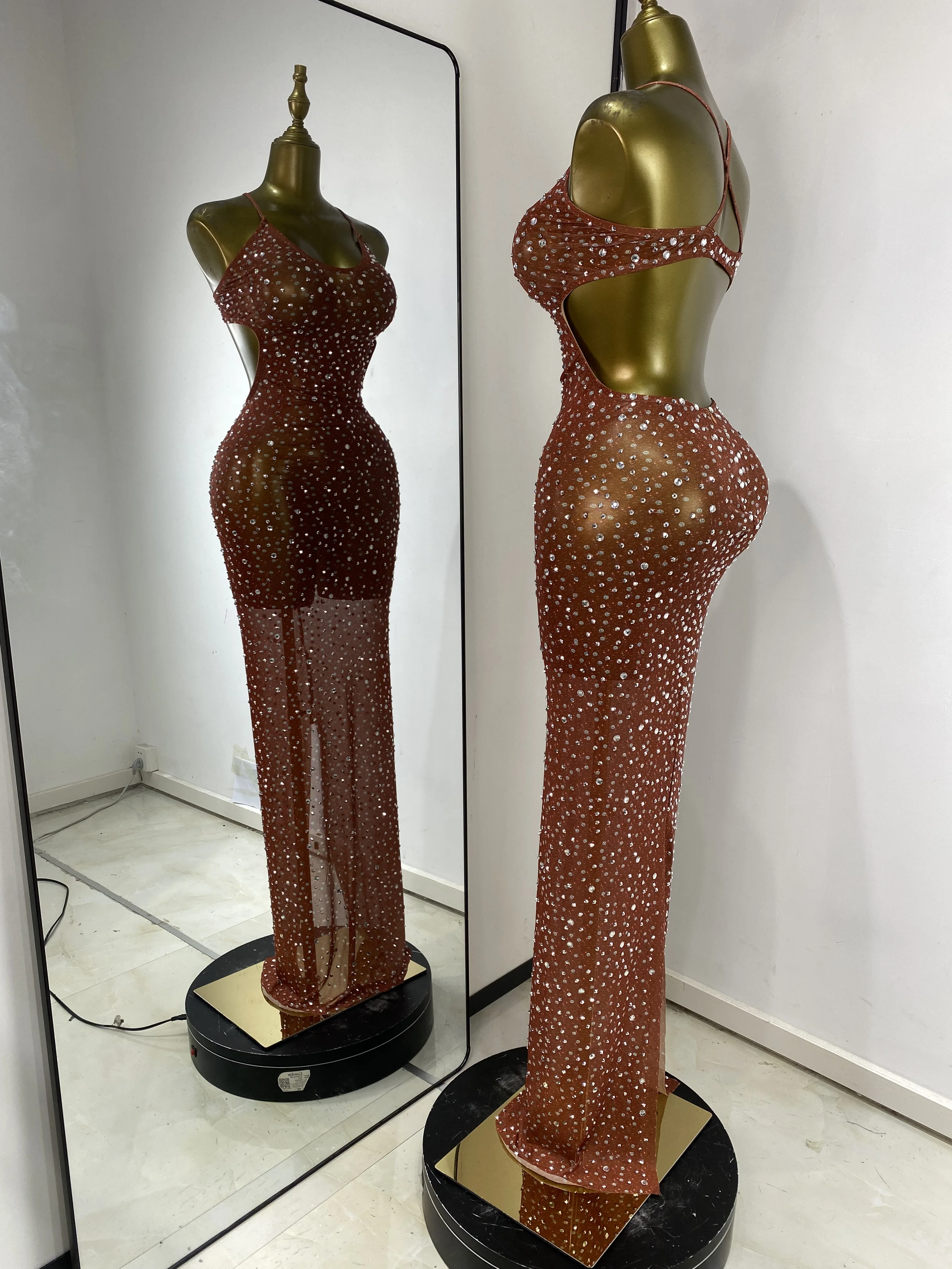 Women Luxury Brown Printed Rhinestones Cut Out See Through Maxi Long Dress Sexy Birthday Celebrity Evening Club Party Dresses