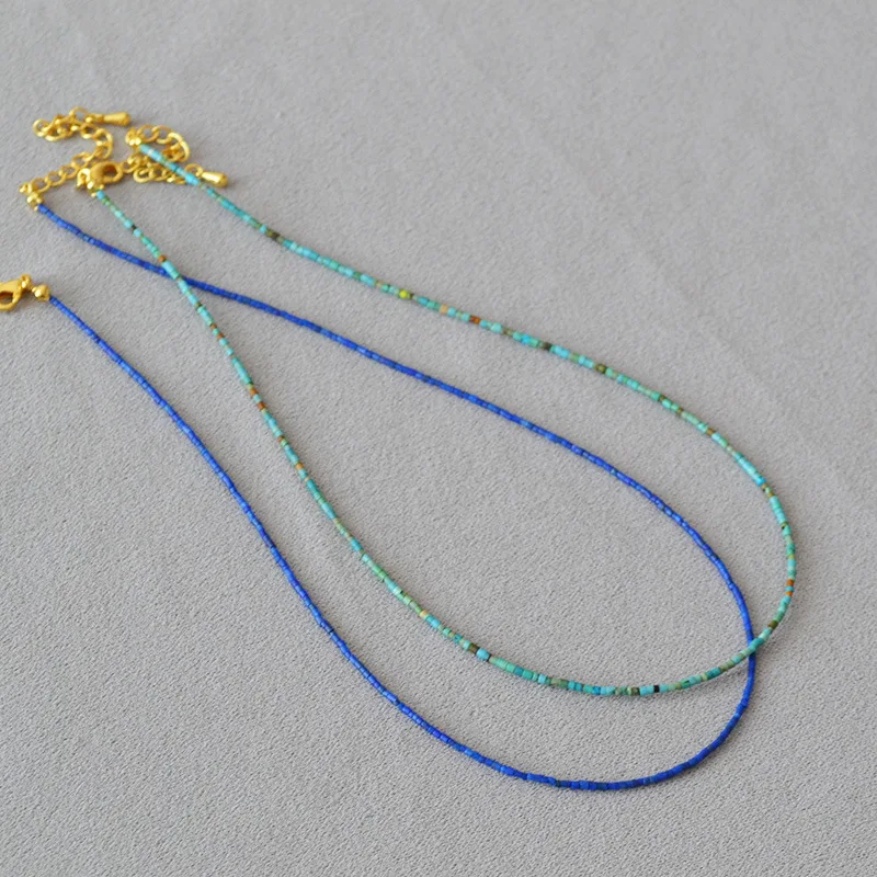 

French Style Niche Minimalist Artistic Ultra-Fine Lapis Lazuli Turquoise Beaded Short Necklace Clavicle Chain For Women