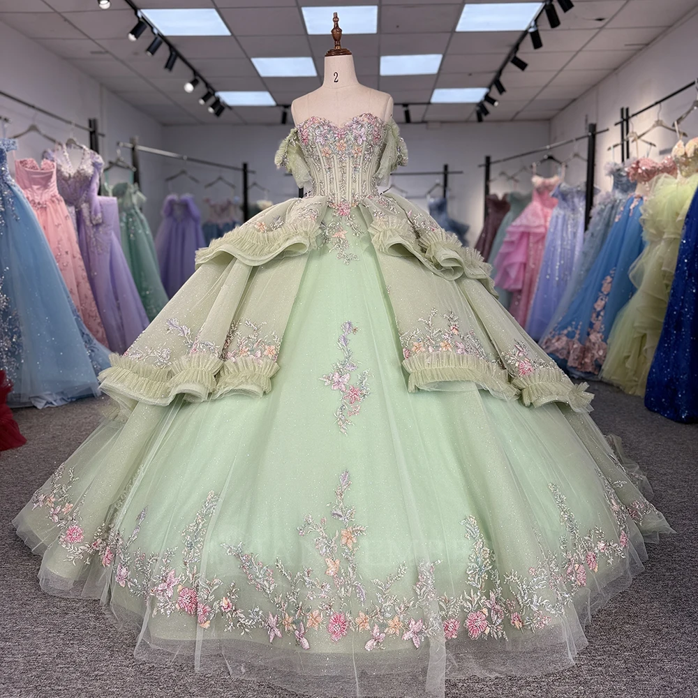 

Princess Ball Gown Quinceanera Dresses Organza Vestidos De 15 Anos Vintage XV Birthday Party Customized Cap Sleeve Tiered