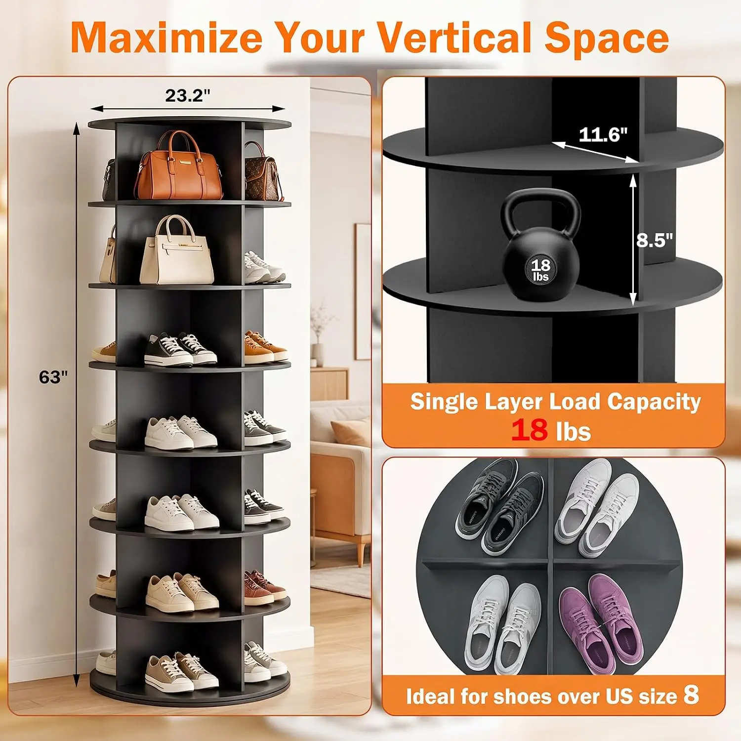 7-Tier Rotating Shoe Rack, 28-Compartment Lazy Susan Organizer, Space Saving Shelf, Waterproof PVC Storage  Customized
