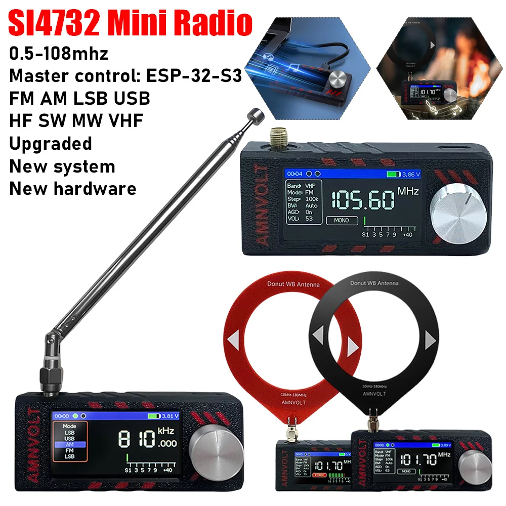 

Радиоприемник SI4732 0.5-108 МГц с поддержкой LSB, USB, AM, FM, FM/AM, с 1.9-дюймовым IPS-экраном, для диапазонов HF, SW, MW, VHF, с антенной, вседиапазонный.