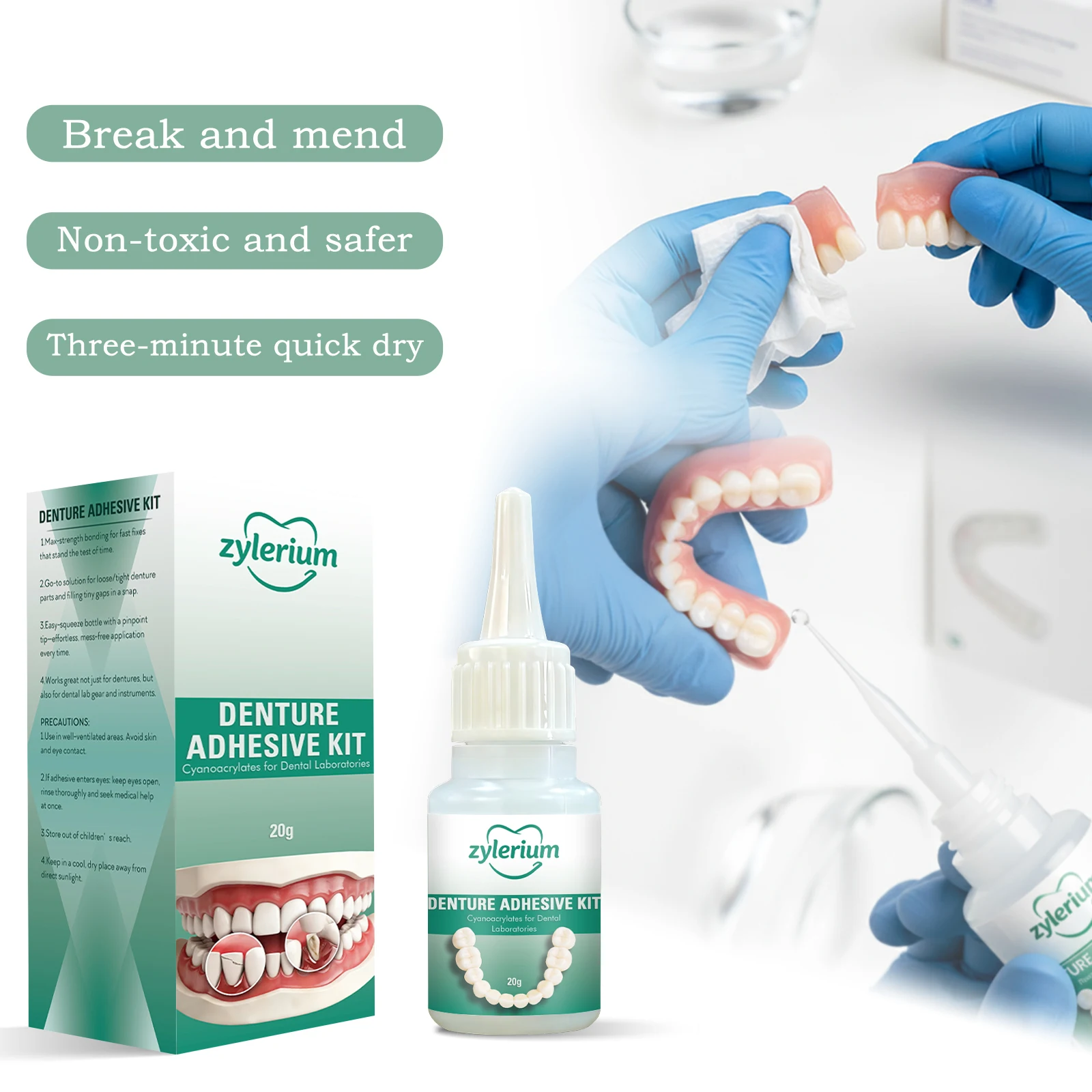 

Dental Adhesive Glue for Dentures, Retainers, Invisible Braces & Partial/Full Denture Repair, Quick Dry Resin Glue