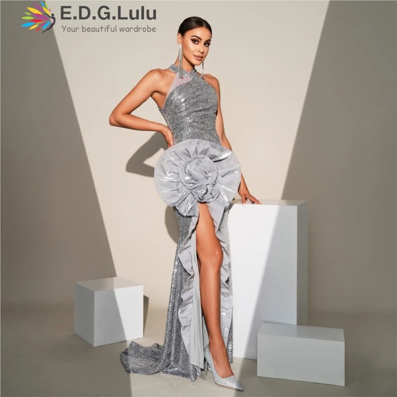 EDGLuLu High Slit Three-Dimensional Flower Birthday Dresses Luxury 2024 Gray Sequin Dress Sleeveless Long Floor Length Dress1218