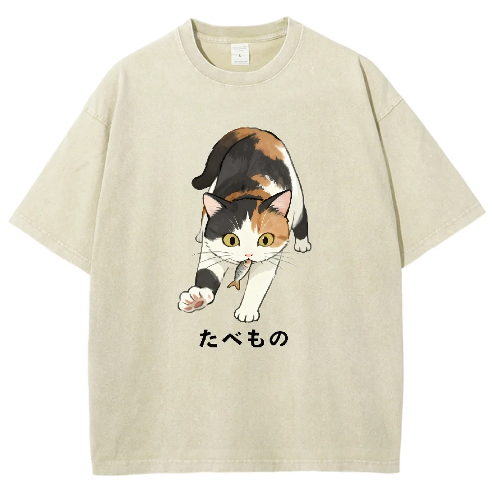 

Cute Cat Graphic T Shirt Oversized Unisex Vintage Washed Cotton Tee Casual Short Sleeve Pullover Streetwear Harajuku Fashion
