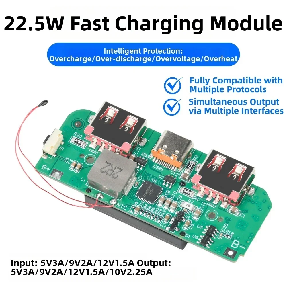 DIY Power Bank 22.5W Fast Charging Module with LED Display Supports PD QC VOOC Multi Port Type C and USB Output