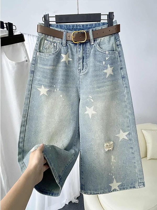 

Ripped Denim Shorts Women's Summer Thin Star Print 7-Length Pants High Waist Wide Leg Casual Jeans Blue Cotton Blend