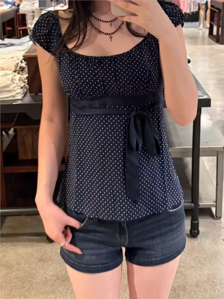 البولكا نقطة البحرية الدانتيل متابعة تي شيرت المرأة الصيف جديد عادية سليم ساحة طوق المحملة القمم أنثى خمر نمط Preppy شيك تي شيرت Y2K #1
