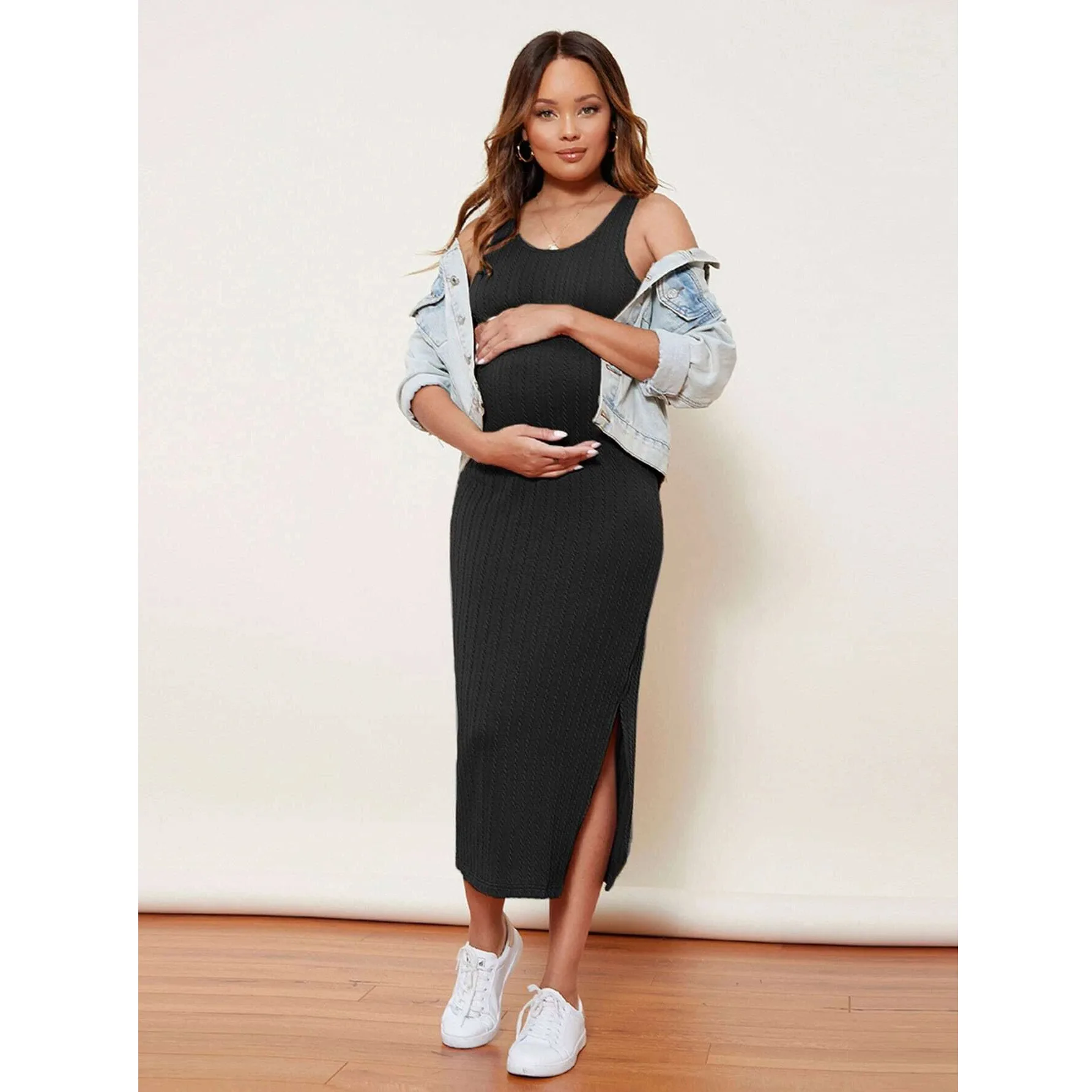 

2023 Spring and Summer Casual Maternity Knitted Vall Dress Pregnant Women's Long Dress