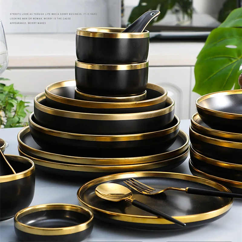 Gilt Rim Quality Ceramic Dinner Plate Set Porcelain Main Dish Serving Tray Dessert Salad Dishes Service For Restaurant Home