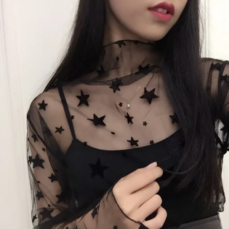 Women Lace Floral T Shirt Transparent Mesh Ladies Tops Sheer Blouses Autumn See-Through Turtleneck Black Long Sleeve T shirt