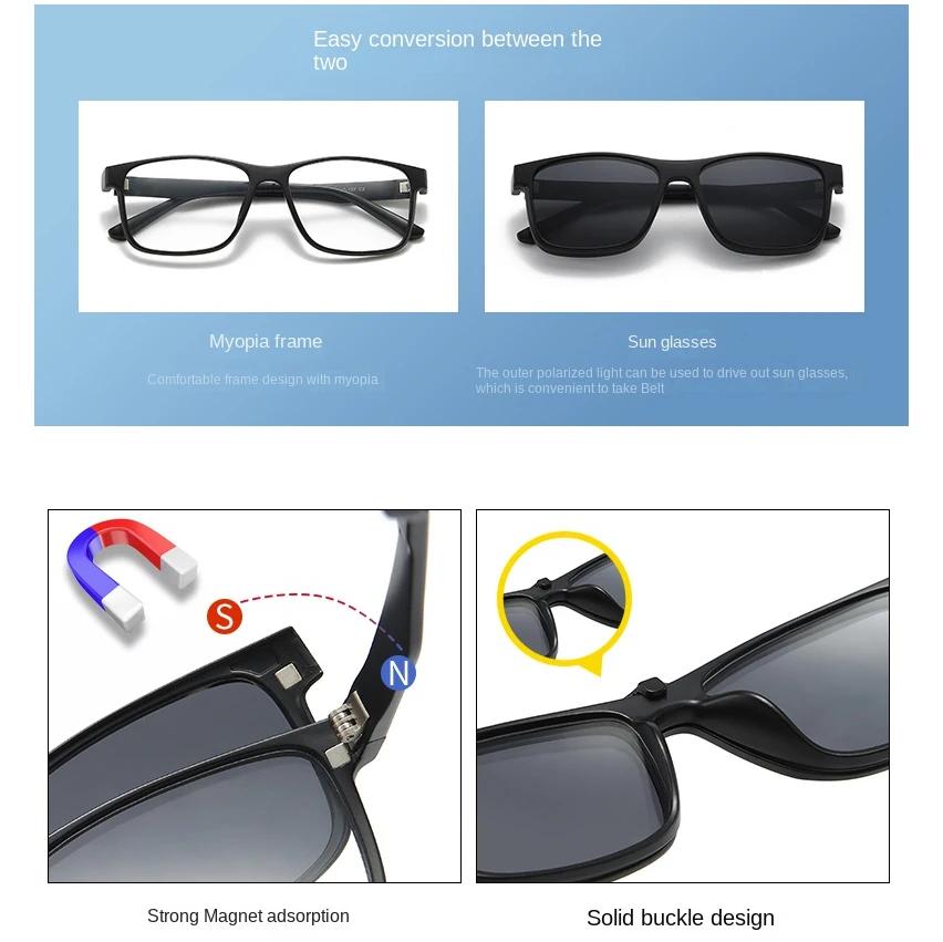 Braz 2025 جديد مربع قصر النظر الاستقطاب النظارات الشمسية 6 في 1 كليب المغناطيس نظارات الرجال النساء كليب المغناطيس نظارات مخصصة-0.5 إلى-10 #5