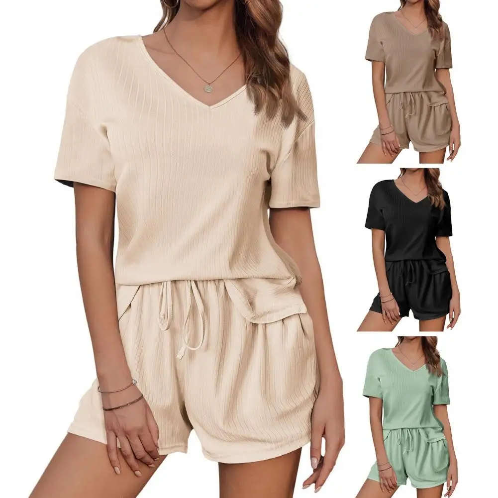 

Women T-shirt Shorts Set 2Pcs/Set Women’s Summer Outfit Set V-neck Short Sleeve T-shirt Elastic Drawstring Waist Shorts Set