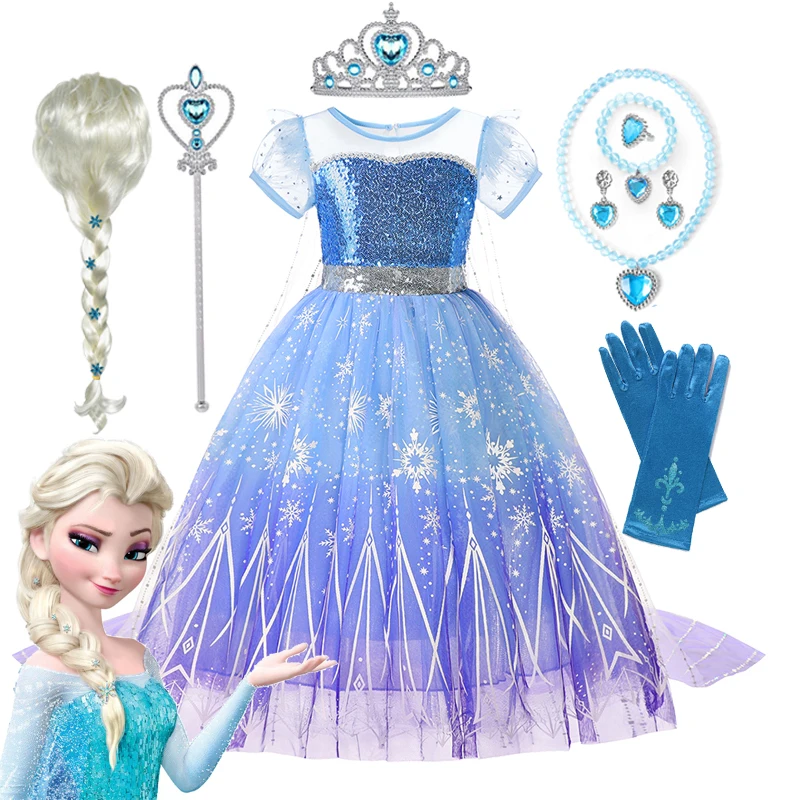 Girls Elsa Cosplay Princess Costume Frozen Role Play Dress Up Fancy Frocks Party Gown Sequin Mesh Vestidos Girls Birthday Dress