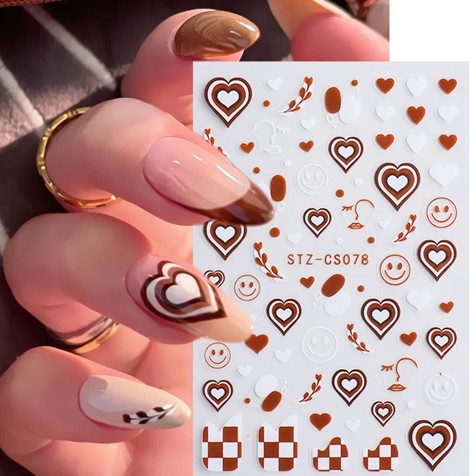 Coffee Pull Flower Heart Nail Stickers Brown Abstract Face Smile Leaf Checkerboard Slider French Tips 3D Manicure NLSTZ-CS078