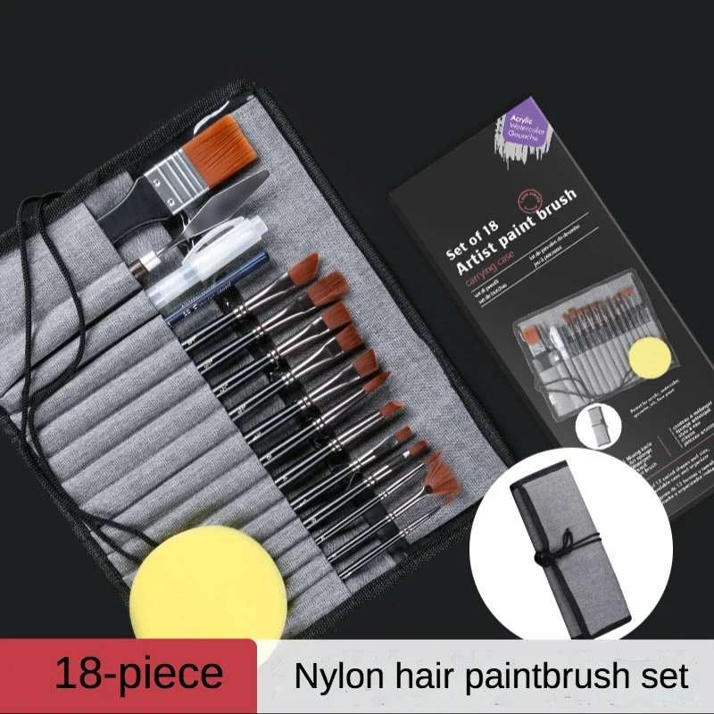 Multipurpose nylon hair watercolor paint brush 18 piece set acrylic brush canvas bag painting material Professional Art Supplies