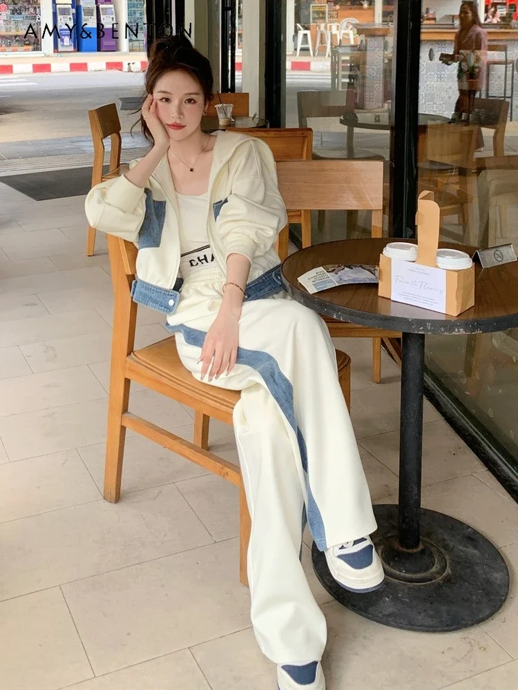 Spring Autumn Korean Fashion Denim Stitching Casual Outfits Preppy Style Sailor Collar Zipper Coat Wide Leg Pants Two-Piece Set