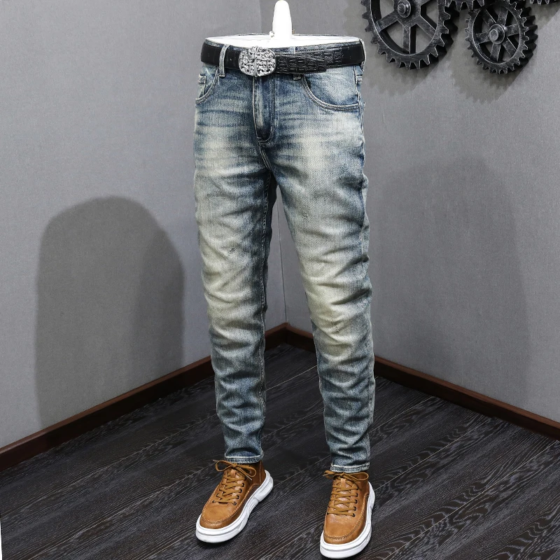 Fashion Designer Men Jeans High Quality Retro Washed Blue Elastic Stretch Slim Fit Ripped Jeans Men Vintage Casual Denim Pants