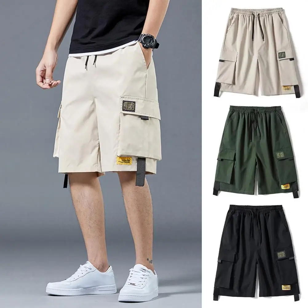 Men Cargo Shorts Solid Color Elastic Waist Multiple Pockets Loose Half Trousers Casual Wear  ashion Summer Casual Short Pants