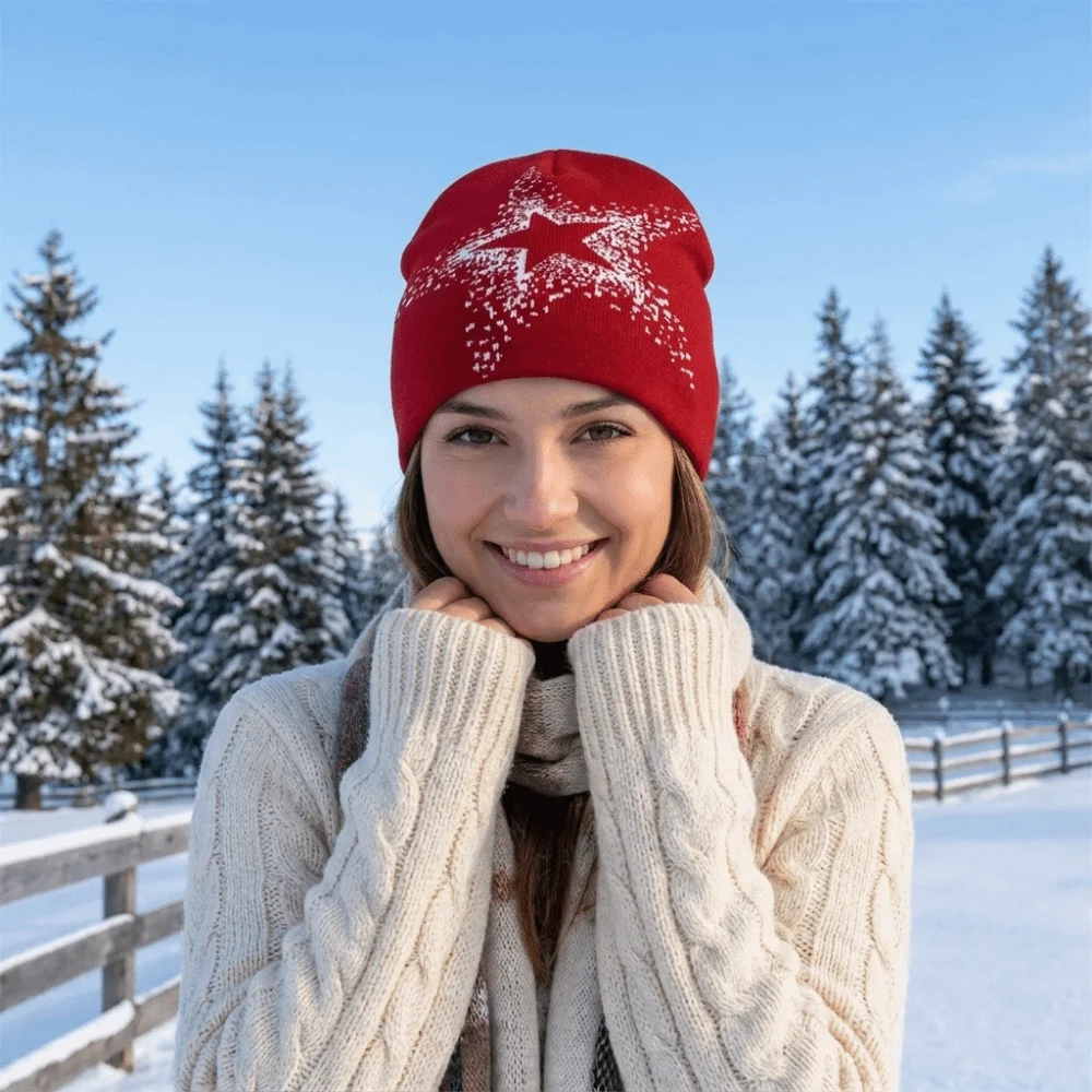 Punk Jacquard Star Knitted Hat Pentagram Warm Pullover Cap Cold Cap Cashmere Y2k Beanie Hat Outdoor