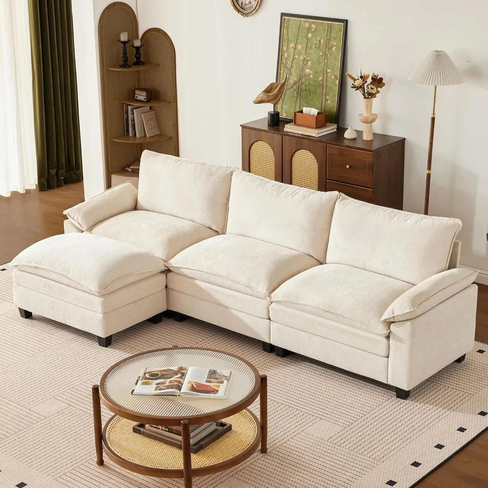 

Hotel Bedroom Sets Modular Sectional Sofa with Ottoman L Shaped 4 Seat Cloud Couch Deep Seat Beige