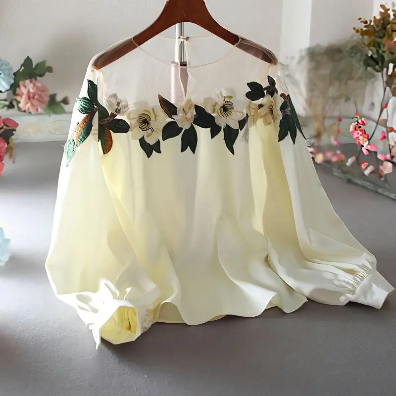 Spring Elegance Women Hollow Patchwork Net Yarn Off Shoulder Fashion Loose Bishop Sleeve Satin Surface Long Sleeved Printing Top